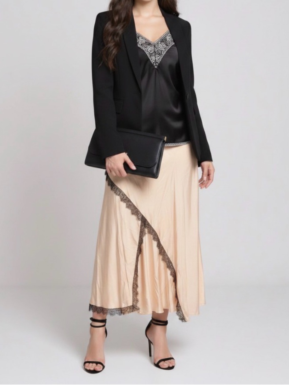 Zara Elegant Cream Skirt with Black Lace Trim NWT